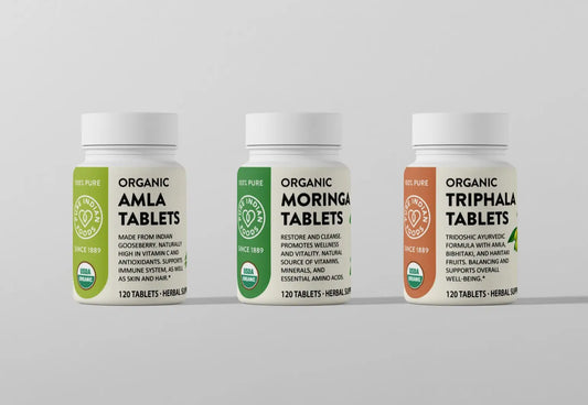 Organic Herbal Tablets from Pure Indian Foods, including Amla, Moringa, and Triphala