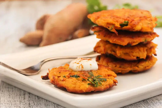 a plateful of sweet potato ghee latkes