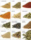 Photo of all the organic spices included in our Indian spice set. Includes coriander, cumin, cayenne, Turmeric, ginger, cardamom, Fenugreek leaves, Tellicherry Black Pepper, Garam masala, Amchoor, Indian Five spice, Curry leaves.