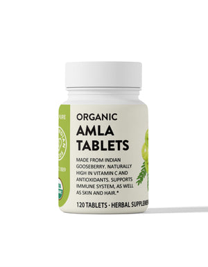 1 bottle of Organic Amla Tablets from Pure Indian Foods. 120 pills per bottle. Made from Indian Gooseberry (Amalaki), it's naturally high in vitamin C and antioxidants and supports the immune system and cardiovascular health  as well as skin and hair.