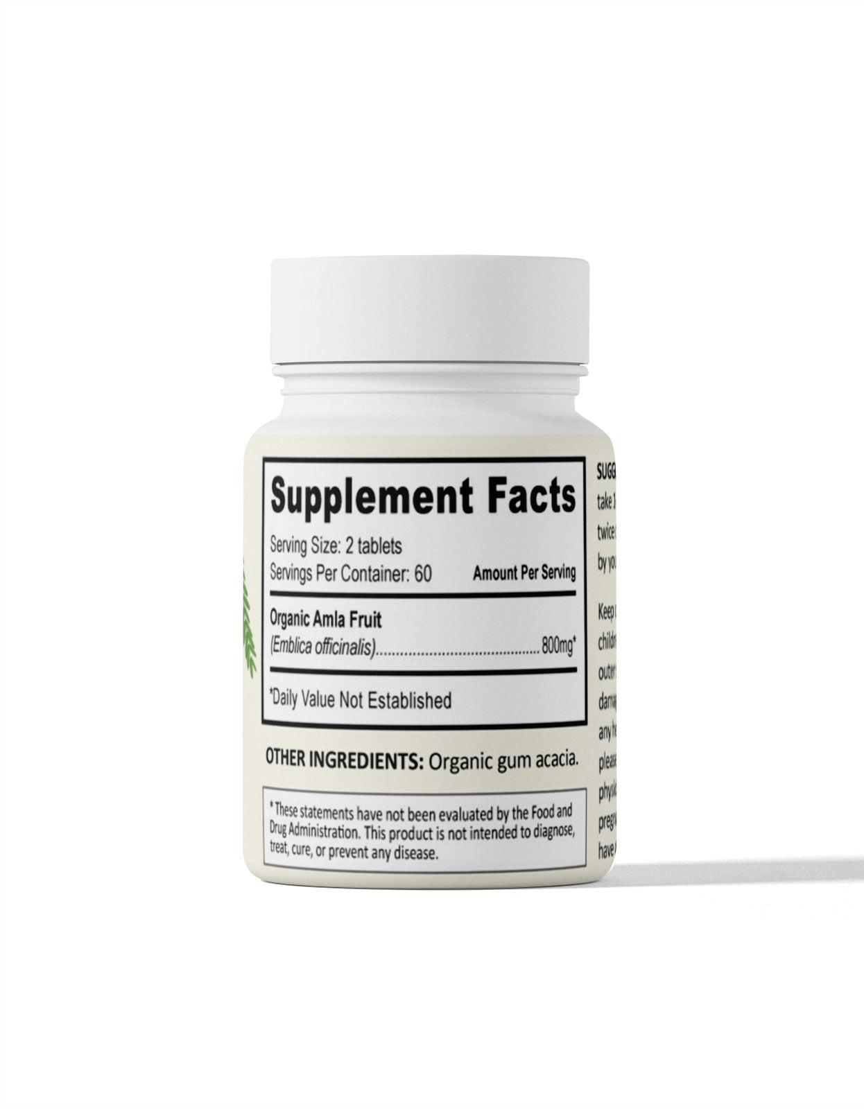 Supplement Facts label on a bottle of organic amla tablets from Pure Indian Foods showing a serving size of 2 tablets and 60 servings per container. 800mg of Organic Amla fruit.