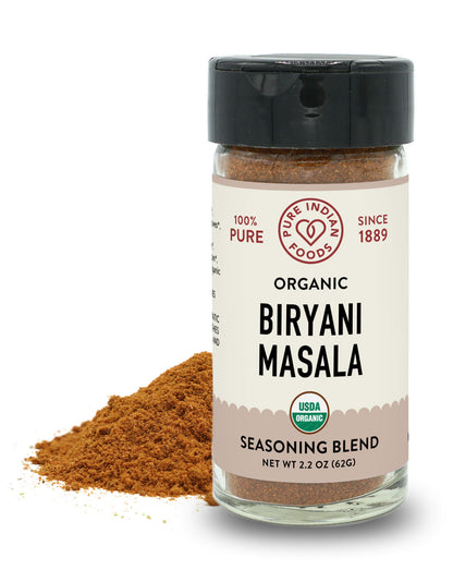 a 2.2 oz bottle of organic biryani masala seasoning from Pure Indian Foods