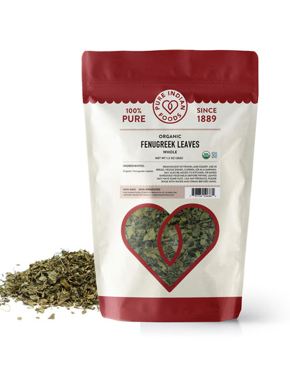 A bag of organic fenugreek leaves from Pure Indian Foods in front of a small pile of dried kasoori methi on a white background.