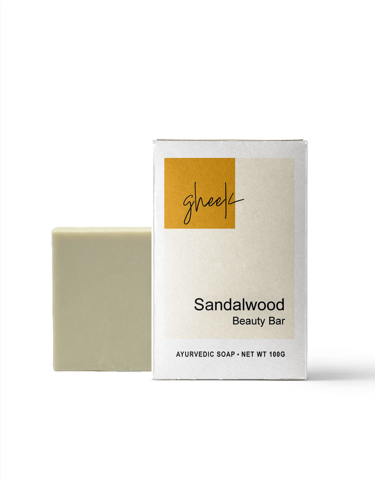 Sandalwood Beauty Bar GHEEK brand Ayurvedic Soap, an all-natural herbal soap made with pure water from the sacred Ganga River.