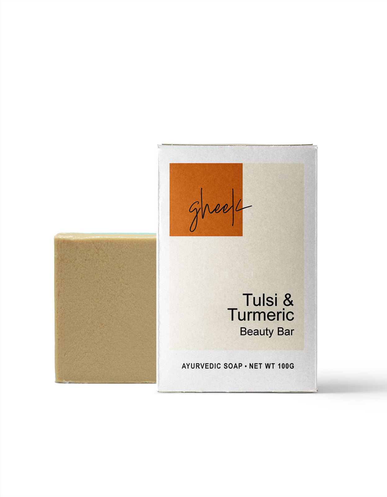 Tulsi & Turmeric Beauty Bar GHEEK brand Ayurvedic Soap, an all-natural herbal soap made with pure water from the sacred Ganga River.