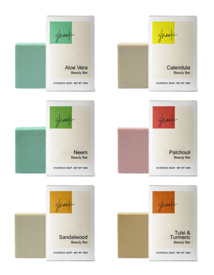 6 varieties of GHEEK Beauty Bars, all natural Ayurvedic Soap made with pure water from the sacred Ganga River and with time-tested herbal blends.