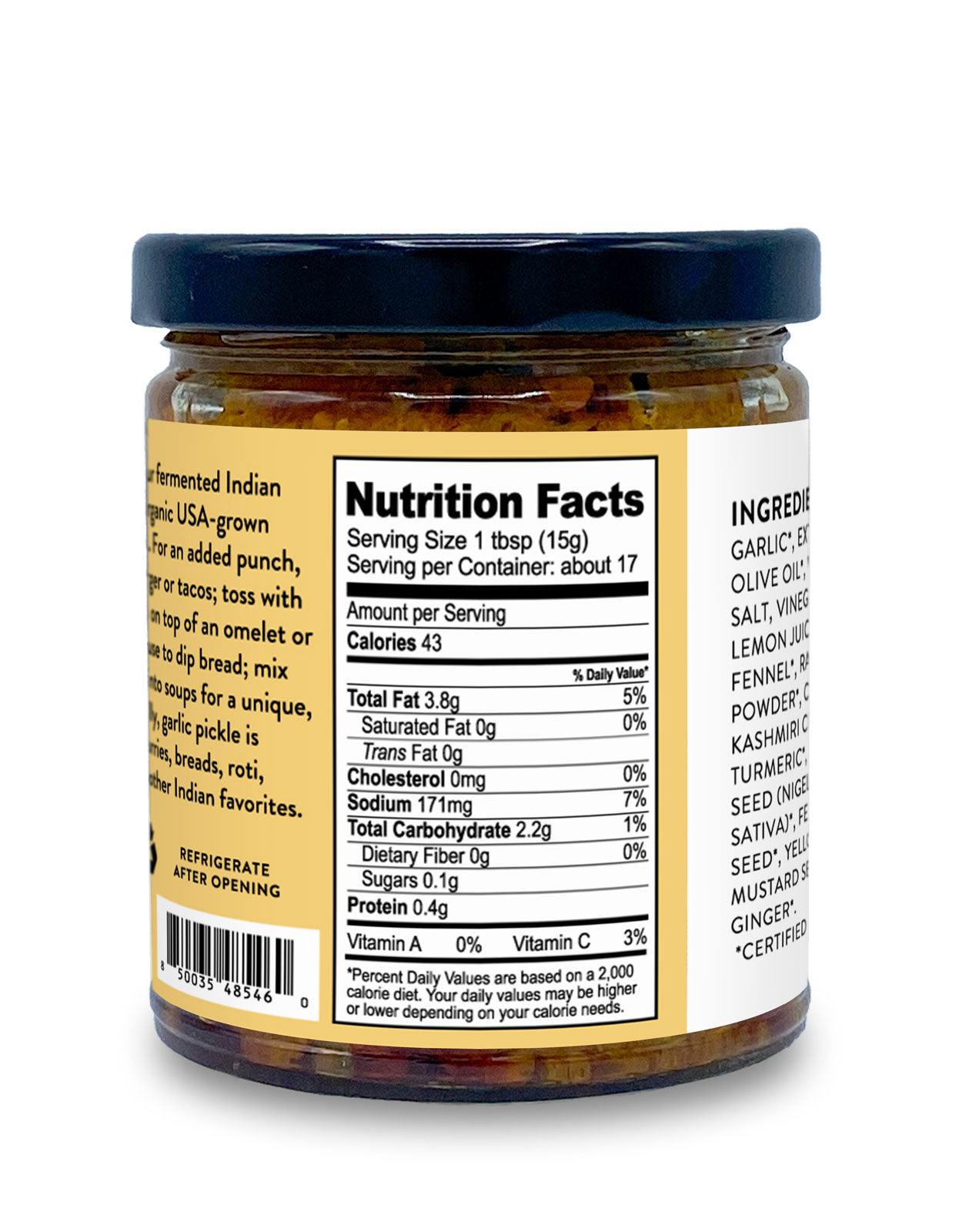 Nutrition Facts label on a jar of Organic Fermented Indian Garlic Pickle, a spicy pickled garlic achaar from Pure Indian Foods.