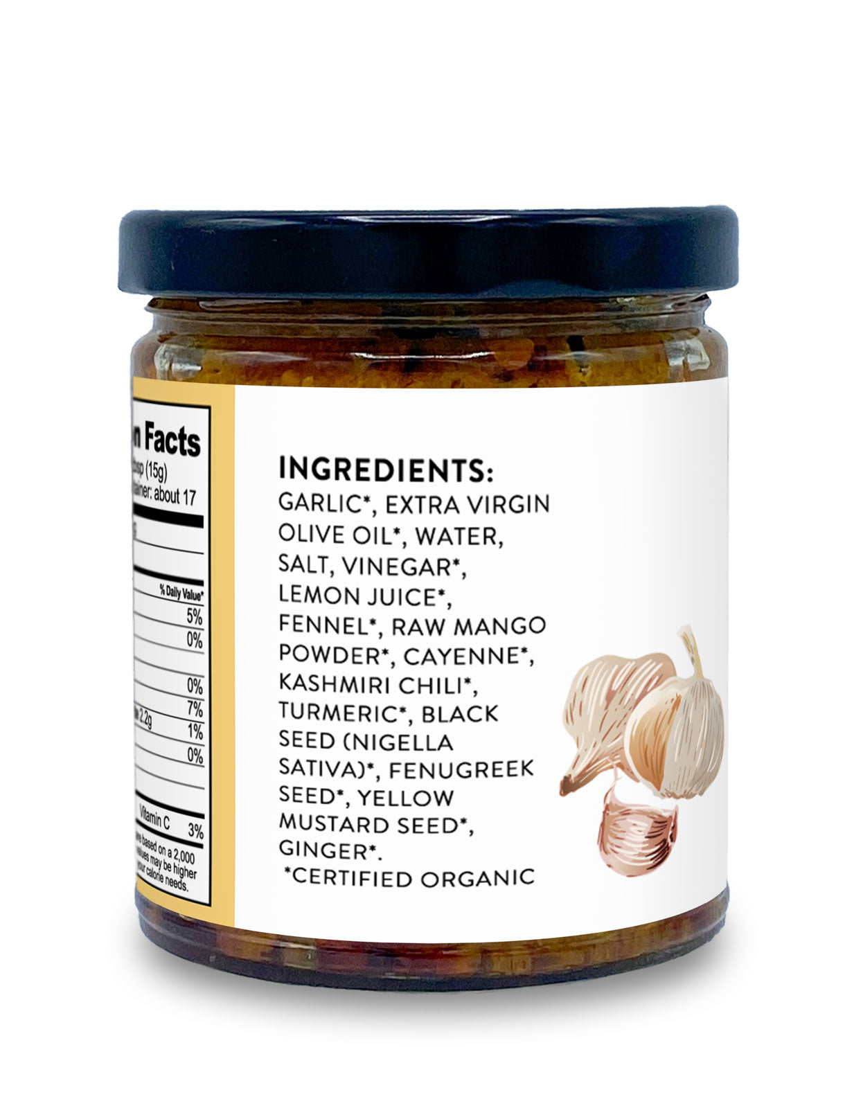 Ingredients label on a jar of Organic Fermented Indian Garlic Pickle, a spicy pickled garlic achaar from Pure Indian Foods.