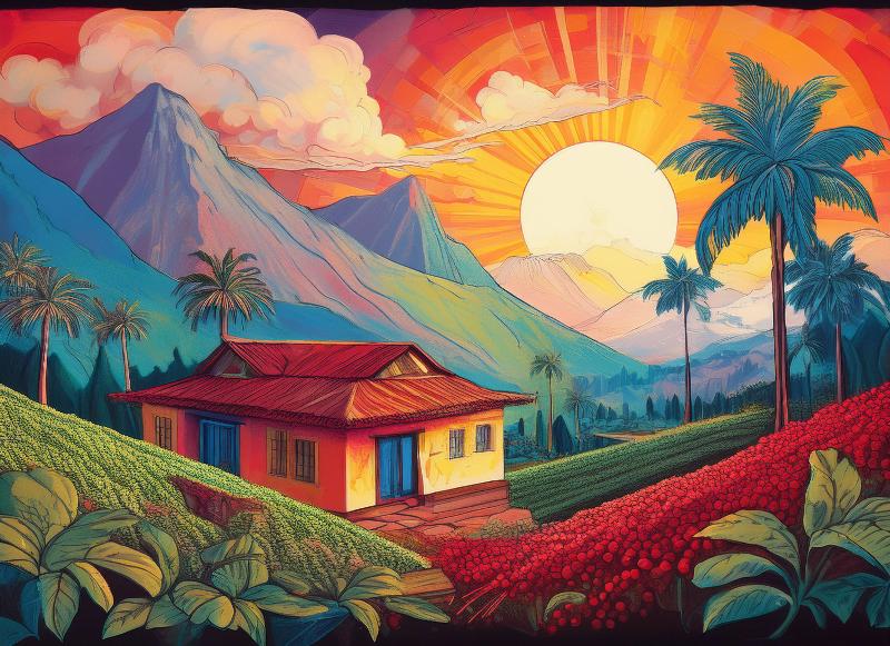 An illustration of a house nestled in the mountains of India on a sunny, beautiful day with scenic fields of coffee growing in the foreground.