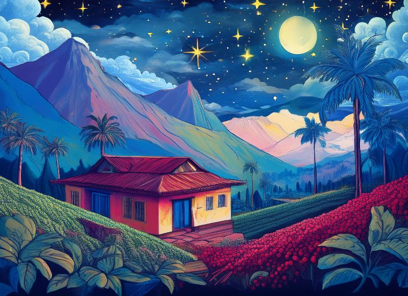 An illustration of a house nestled in the mountains of India on a moonlit, starry night with scenic fields of coffee growing in the foreground.