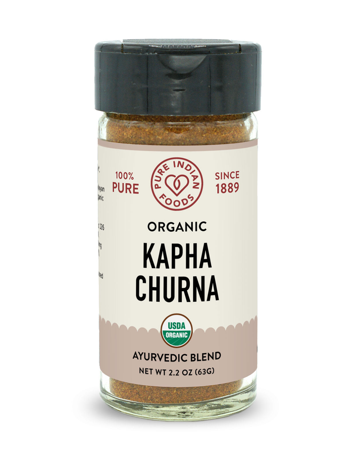 A 2.2 oz bottle of organic kapha churna, an ayurvedic blend of herbs and spices from Pure Indian Foods