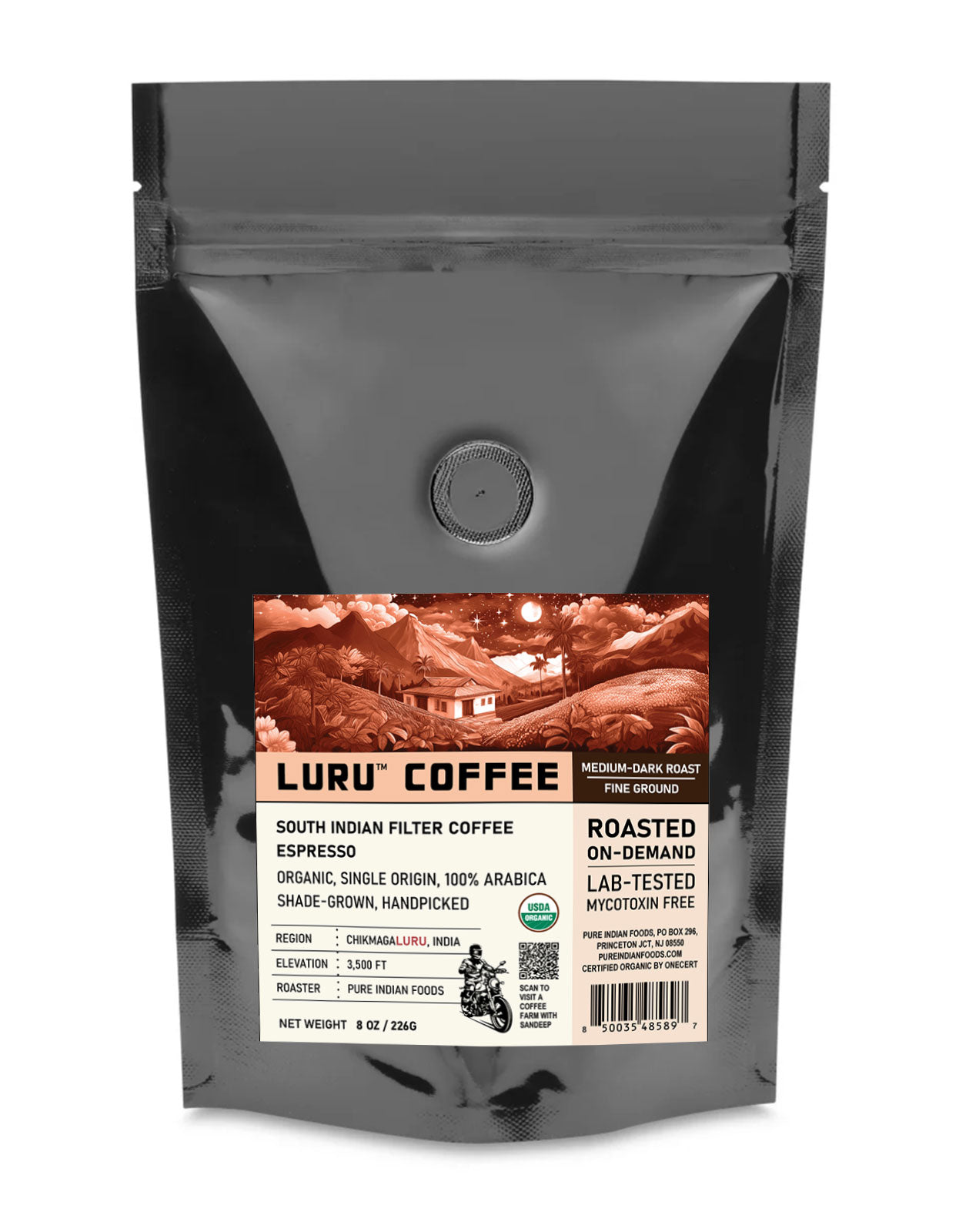 1 pouch of medium-dark roast LURU Coffee, finely ground beans, a specialty organic indian coffee roasted on demand here in New Jersey