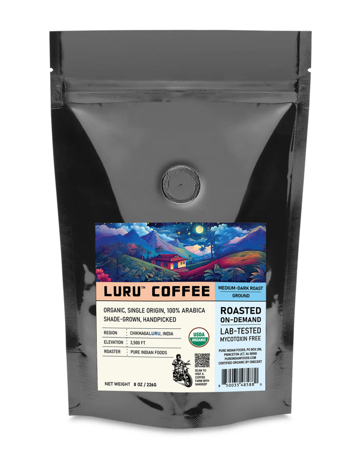 1 pouch of medium-dark roast LURU Coffee, medium ground beans, a specialty organic indian coffee roasted on demand here in New Jersey