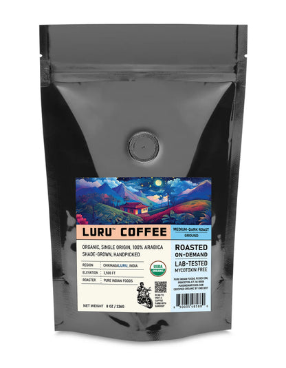 1 pouch of medium-dark roast LURU Coffee, medium ground beans, a specialty organic indian coffee roasted on demand here in New Jersey