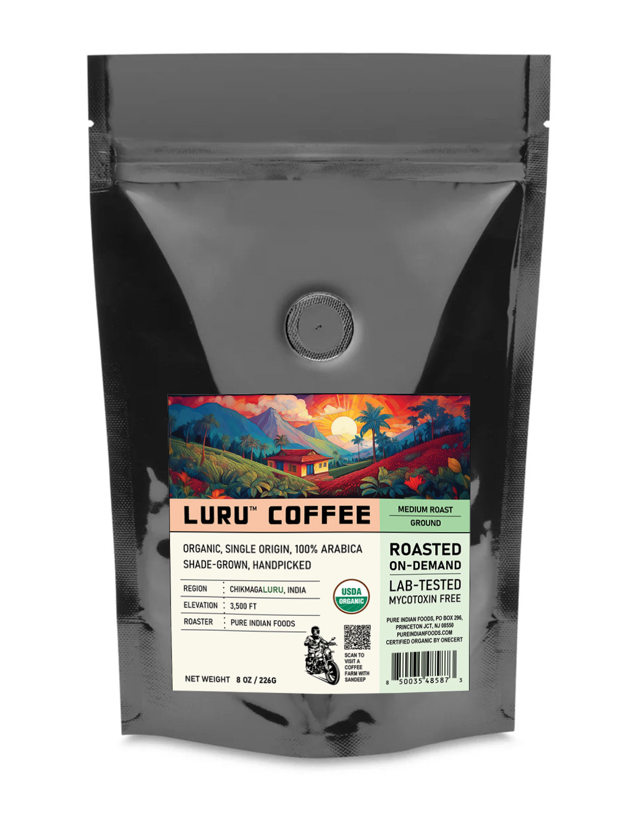 1 pouch of medium roast LURU Coffee, medium ground beans, a specialty organic indian coffee roasted on demand here in New Jersey