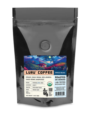 1 pouch of medium-dark roast LURU Coffee whole beans, a specialty organic indian coffee roasted on demand here in New Jersey