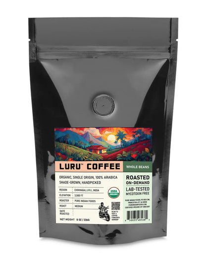 1 pouch of medium roast LURU Coffee whole beans, a specialty organic indian coffee roasted on demand here in New Jersey