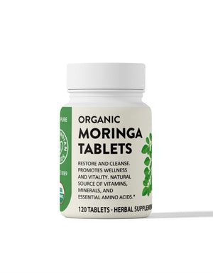 1 bottle of organic moringa tablets from Pure Indian Foods. Restore and cleanse. Promotes wellness and vitality. Natural source of vitamins, minerals, and essential amino acids