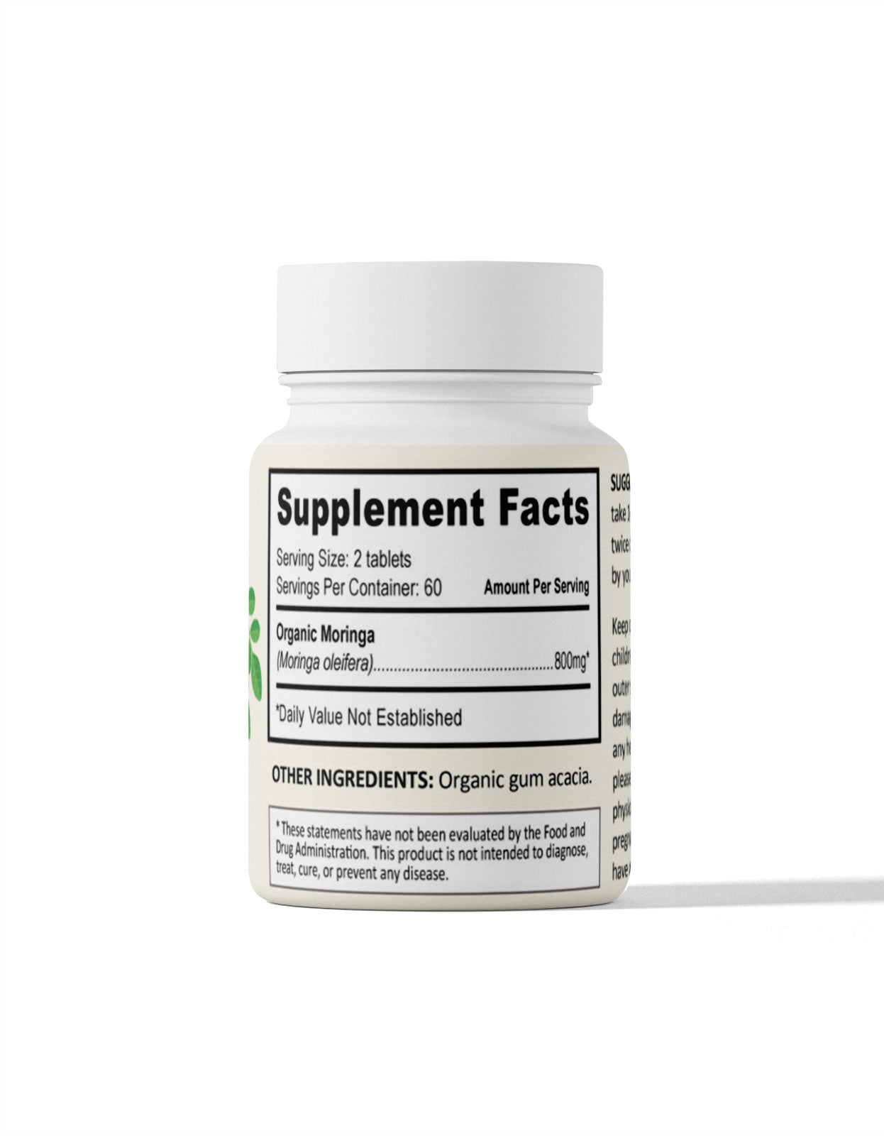 Supplement Facts label on a bottle of Organic Moringa Tablets from Pure Indian Foods. Recommended serving size is two pills with 60 servings per container and 800mg of Moringa oleifera per serving.