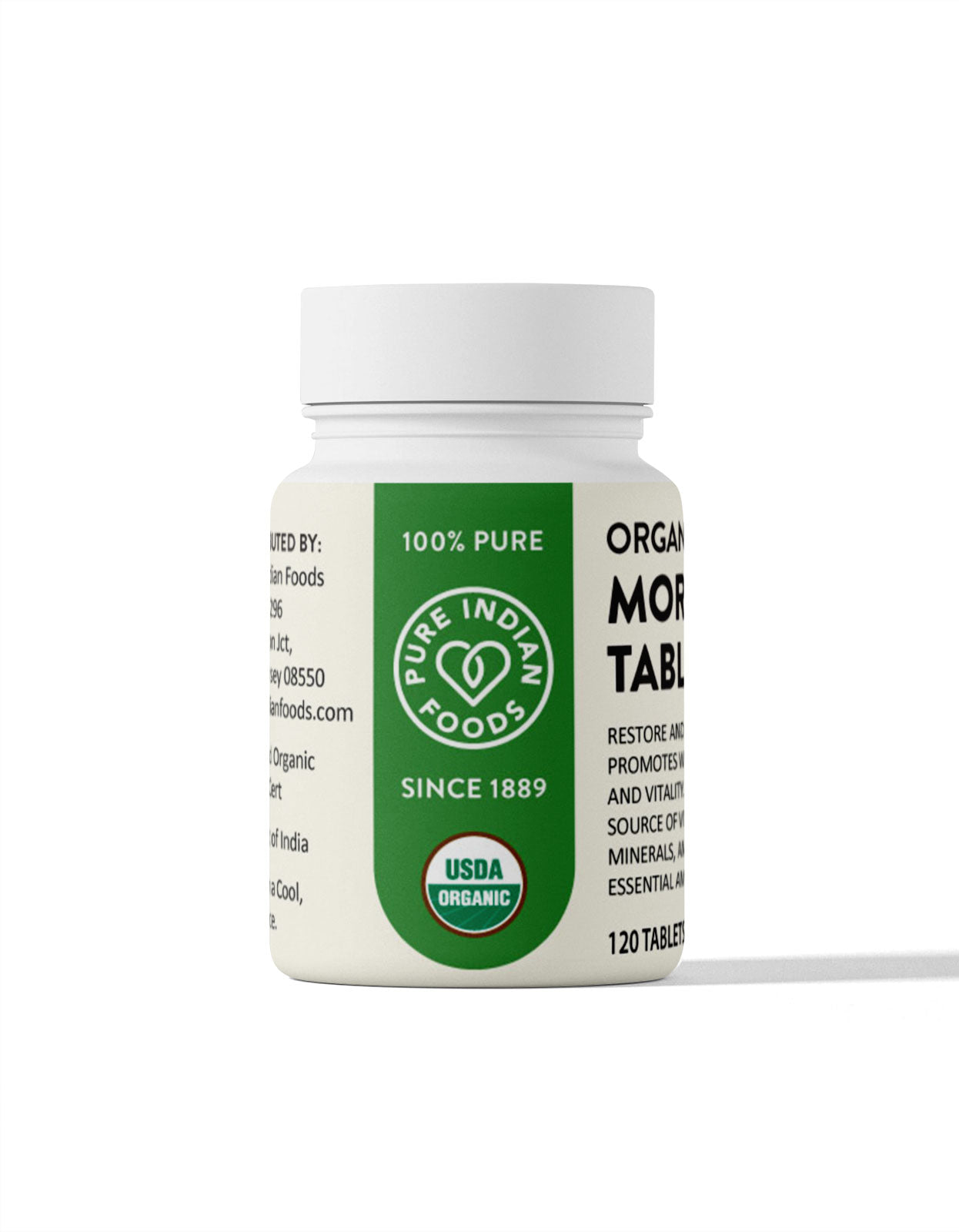 USDA Certified Organic seal on a bottle of Pure Indian Foods Organic Moringa pills.