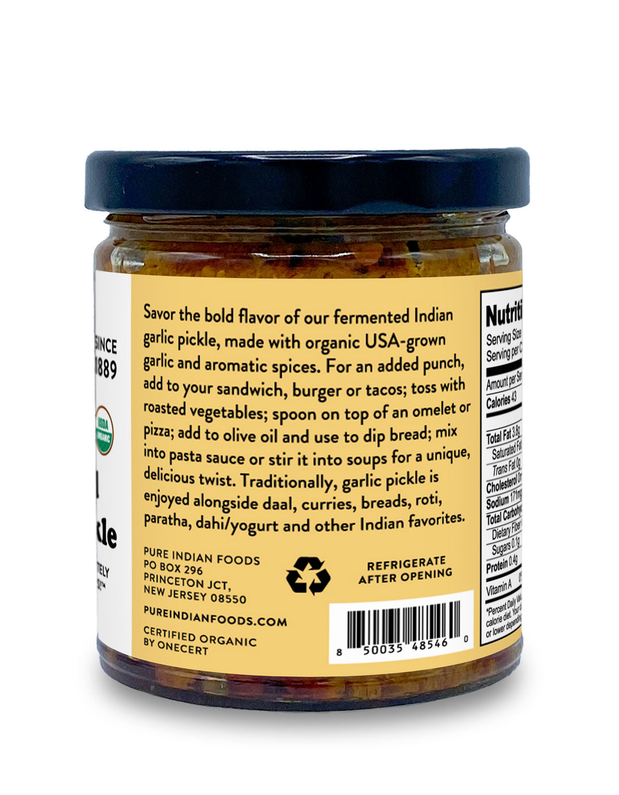 Back label on a jar of Organic Fermented Indian Garlic Pickle, a spicy garlic achaar from Pure Indian Foods. Suggests using on sandwiches, burgers, tacos, omelets, pizza, roasted veggies, or breads.