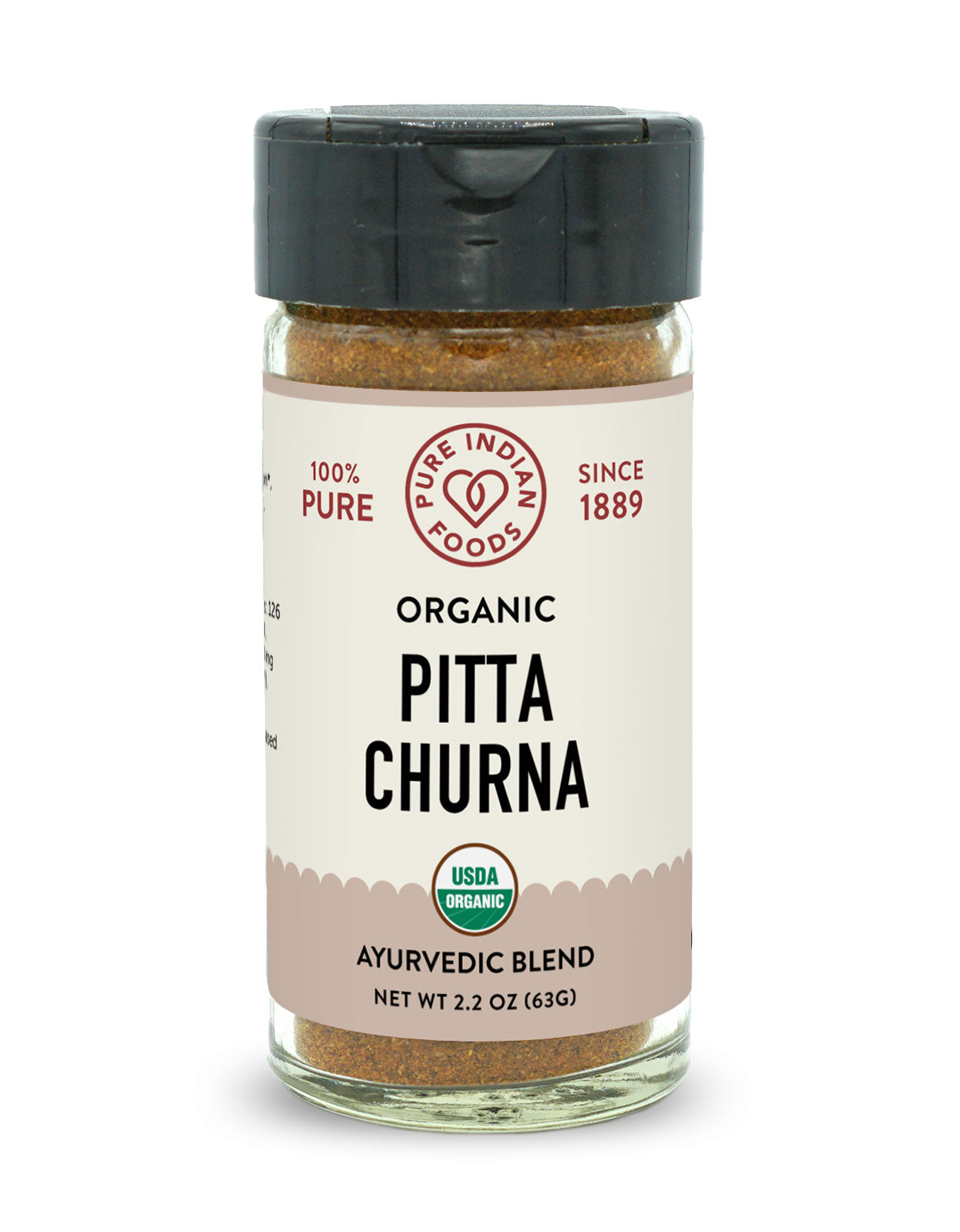 A 2.2 oz bottle of organic pitta churna, an ayurvedic blend of herbs and spices from Pure Indian Foods