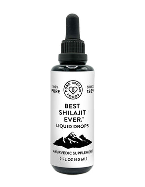 A 2 FL OZ bottle with a dropper lid of the Best Shilajit Ever Liquid Drops from Pure Indian Foods