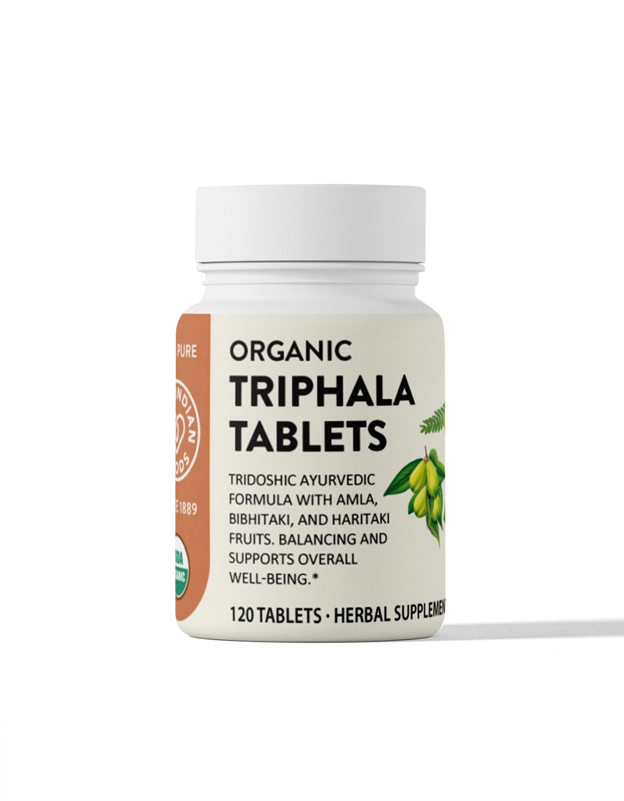 1 bottle of Organic Triphala Tablets from Pure Indian Foods. The bottle contains 120 pills of this herbal supplement.