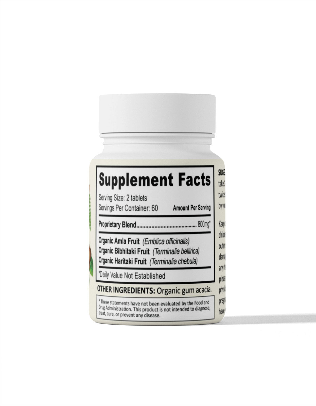 Supplement Facts label on a bottle of Organic Triphala Pills from Pure Indian Foods. 800mg of Triphala blend per serving size of 2 tablets, with 60 servings per container.