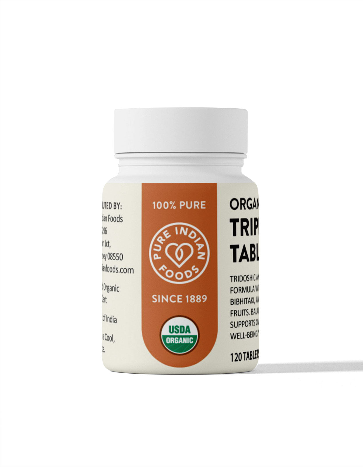 Organic certification seal and Pure Indian Foods logo shown on the side label of a bottle of organic Triphala tablets.