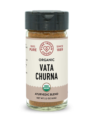 A 2.2 oz bottle of organic vata churna, an ayurvedic blend of herbs and spices  from Pure Indian Foods