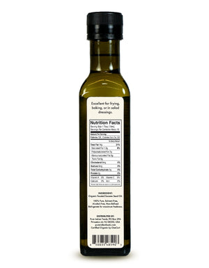 The back of 1 bottle of organic toasted sesame oil from pure Indian foods