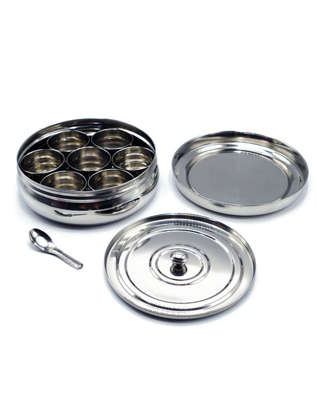 Indian Spice Tray Spice Box or Spice Rack also known as Masala Dani or Masala Dabba Stainless Steel